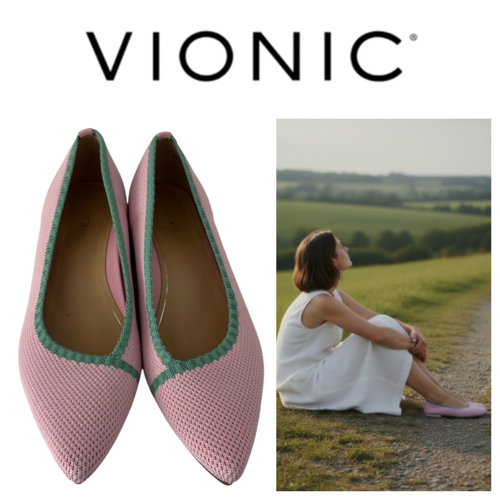 Vionic Dahlia Ballet Flats Shoes Womens Sz 8 Pink Knit Pointed Toe Comfort
